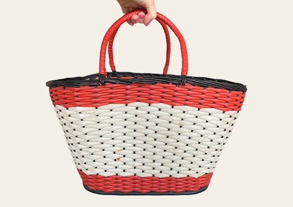 Vintage Market Basket Plastic Wicker Bag Woven Sh… - image 3