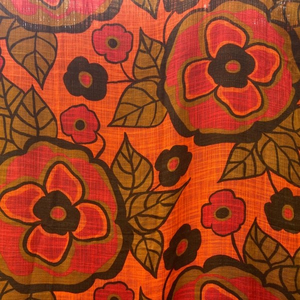 Scandinavian Curtain Vintage 70s Curtain Panel, Vintage Orange Brown Big Floral Flowers Decoration, Decorative Home Decor 55"x 88.6"