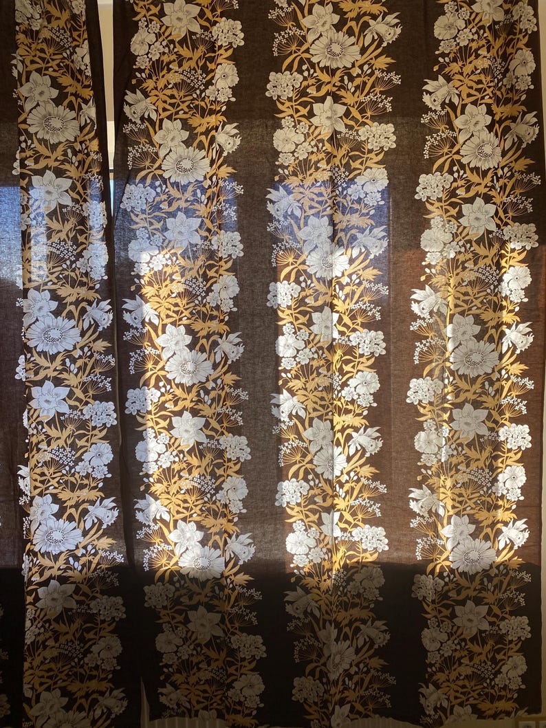 Scandinavian Vintage Curtains 2 Cotton Curtain Panel Swedish White Brown Floral Flowers Decoration, Scandi Home Decor Retro Cotton Curtains image 7