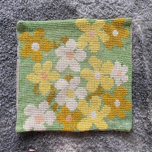 Vintage Handmade Pillow Cover Cross Stitched Floral Hippy Wool Decorative Embroidered Throw Cushion Cover Green Yellow Flowers  Pillowcase