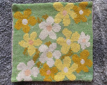 Vintage Handmade Pillow Cover Cross Stitched Floral Hippy Wool Decorative Embroidered Throw Cushion Cover Green Yellow Flowers  Pillowcase