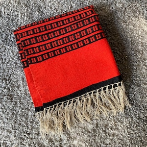 70s Vintage Woolen Rug Armchair Cover Hand Woven Wall Decor Rug Red Black Christmas Table Linen Scandinavian Home Decor, 47&quot; × 25&quot;