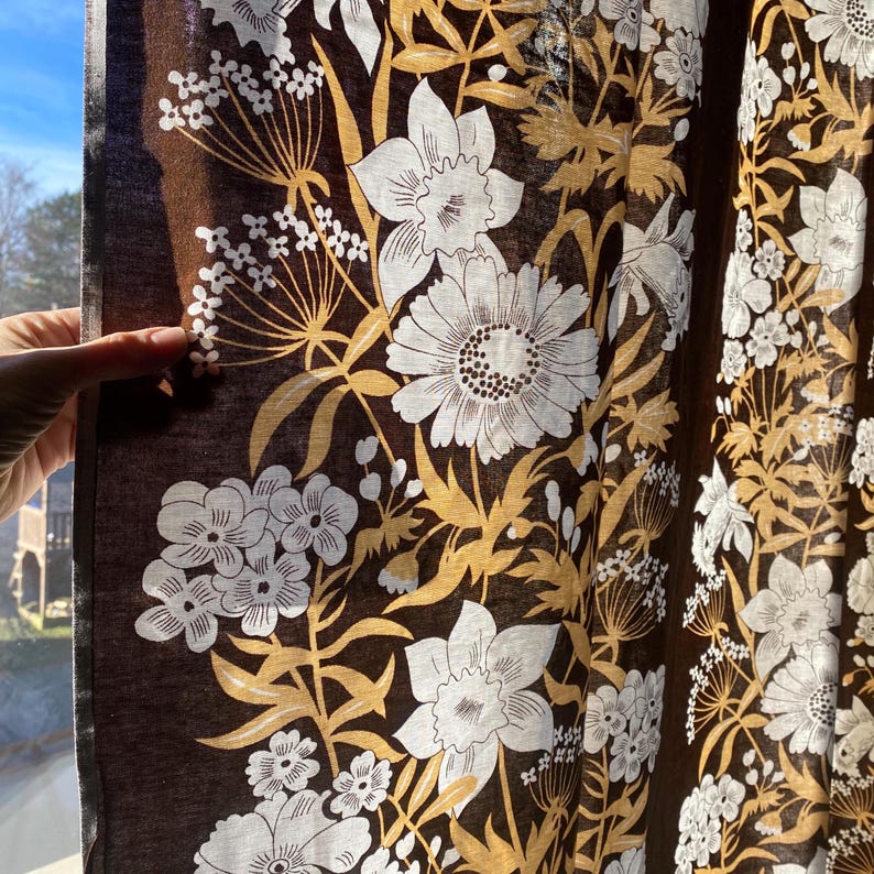 Scandinavian Vintage Curtains 2 Cotton Curtain Panel Swedish White Brown Floral Flowers Decoration, Scandi Home Decor Retro Cotton Curtains image 5