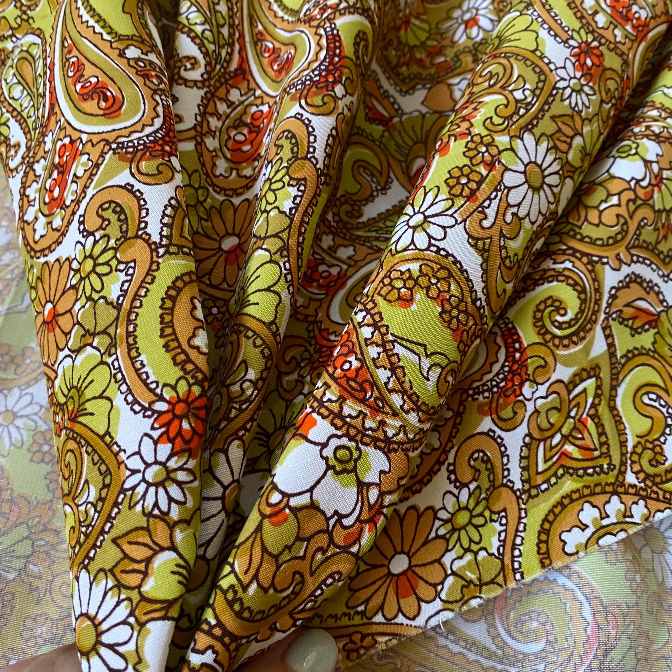 70s Vintage Paisley Fabric Green Orange Floral Classical Print