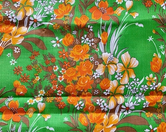 70s Vintage Viscose Fabric Floral Summer Flowers Retro Fabric Green Orange Wild Flowers Vintage Sewing Fabric