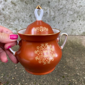 Vintage Sugar Bowl with Lid Bronze Colour Golden Decoration Retro Sugar Dish wit 2 Handles