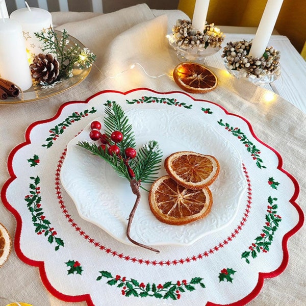 White Christmas Embroidered Placemats, Dinning Table Placemats, Christmas Table Set, Christmas Table decor, Christmas linens