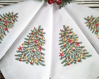 Set of 6 Christmas Embroidered Napkins, Premium Linen Dinner Napkins - Christmas Table Set, Christmas Tree Napkins, Christmas Table Decor