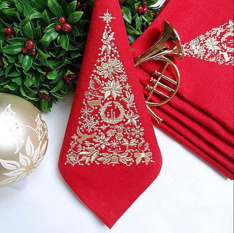 Set of 6 Red Christmas Embroidered Napkins, Premium Linen Dinner