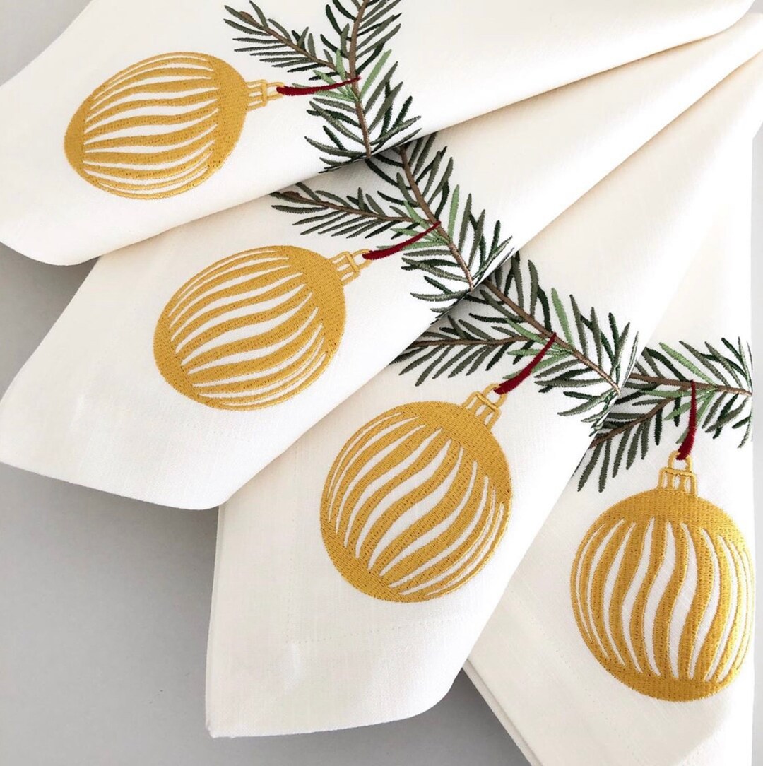 Set of 6 Christmas Embroidered Napkins, Premium Linen Dinner Napkins