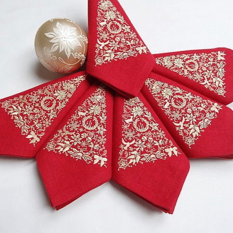 Set of 6 Red Christmas Embroidered Napkins, Premium Linen Dinner