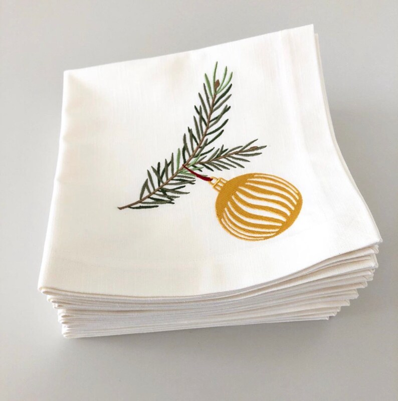 Set of 6 Christmas Embroidered Napkins, Premium Linen Dinner Napkins