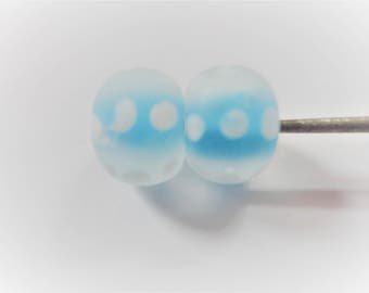 Frosted Glass Rondell Bead - White Dotted Design w/ Blue Inner Tone 2 pcs
