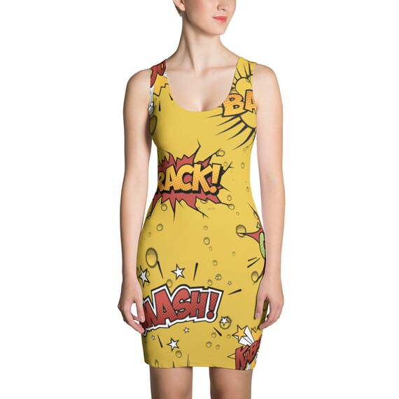 comic book bodycon dress Comic Book Skater Dress, Pop Art Bodycon Dress, Retro Comic Print Fit and Flare Dress, Colorful Graphic Party Dress Women