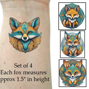 Fox temporary tattoos set of four  birthday gift party favors friend gift small tattoo temporary tattoo gift for her colorful tattoo set