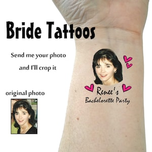 Bachelorette tattoos, Bachelorette party tattoos, Groom face, custom tattoo, Bride face tattoo, picture tattoo, Bride tattoo,  party favors