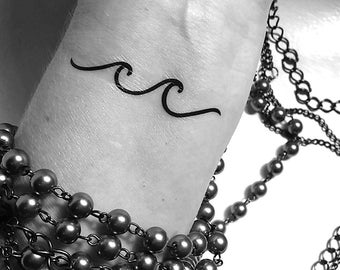 May include: A black and white image of a simple wave tattoo on a person's wrist.