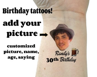 May include: A temporary tattoo with a photo of a person wearing a hat, a beer mug, and the text "Randy's 30th Birthday".