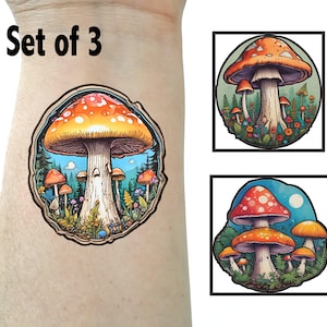 Mushroom temporary tattoos set of three  birthday gift party favors friend gift small tattoo temporary tattoo gift for her hippie tattoo set