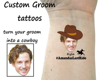 Bachelorette tattoos, Bachelorette party tattoos, Groom face, custom tattoo, face tattoo, picture tattoo, Bride tattoo,  cowboy, western