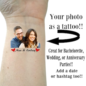 Bachelorette tattoos, Bachelorette party tattoos, Groom face, custom tattoo, couples tattoo, picture tattoo, Bride tattoo,  party favors