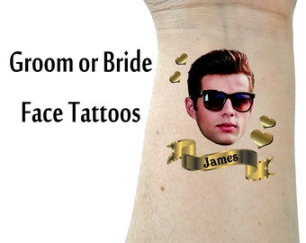 Bachelorette tattoos, Bachelorette party tattoo, Groom face, custom tattoo, face tattoo, picture tattoo, Bride tattoo,  gold