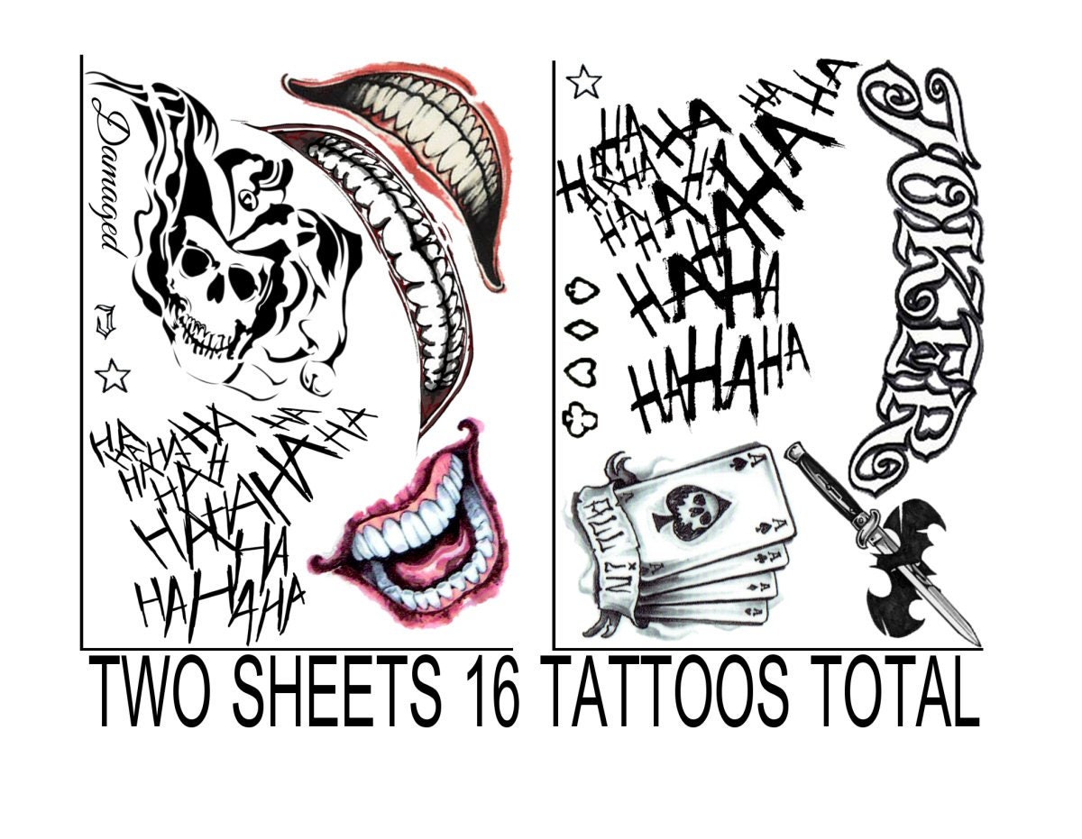 Amazoncom  Rejaski 12 Sheets The Joker Tattoos Suicide Squad 4 Sheets  Damaged Tattoo Joker Hand Halloween Face Makeup Kit 8 Sheets Small Fake  Temporary Tattoo Stickers Death Skull Bat Spider Web