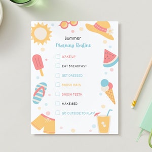 Cute Printable Kids Summer Morning Routine Check-List, instant download PDF, reusable