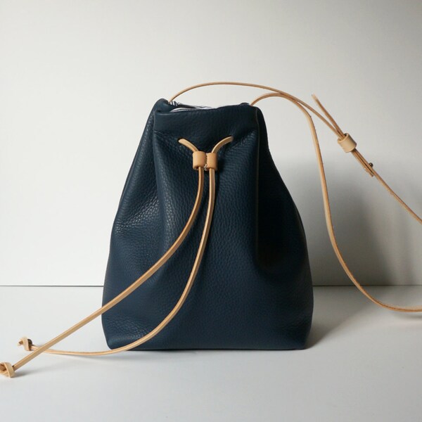 Navy Leather Bucket Bag