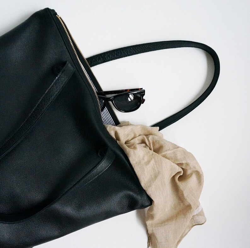 Black Zip Tote / Casual Leather Tote / Everyday Bag / Zipper Etsy