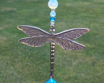 Rear View Mirror Car Charm,Silver Pewter Dragonfly Window Sun Catcher,Moonstone Crystal Ball Prism,Gemstone Hanging,Feng Shui Ornament