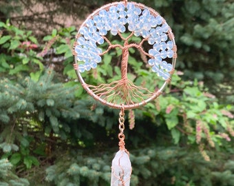 Crystal Tree Of Life Sun Catcher,Quartz,Moonstone Wire Wrapped Crystal Tree,Wrapped Crystal Point,Wiccan decor