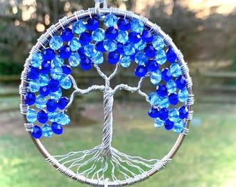 Crystal Tree Of Life Sun Catcher,Glass Bonsai Tree,Beaded Window Ornament,Rainbow Maker,Blue Crystal Twisted Wire Tree,Empathy Sympathy Gift