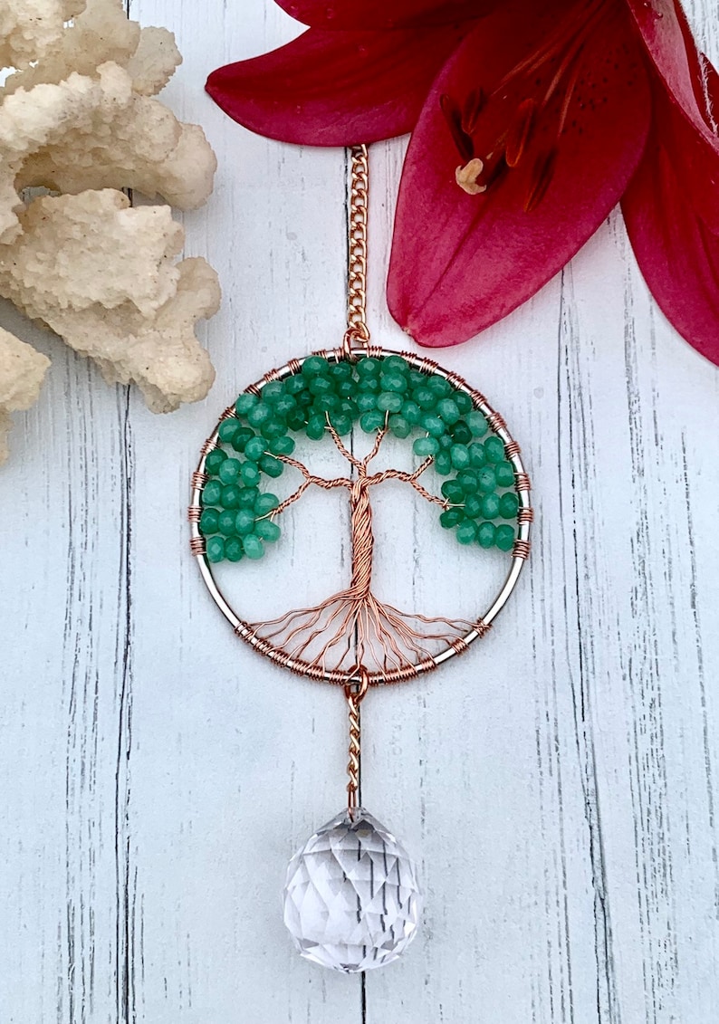 Gemstone Tree Of Life Suncatcher,Crystal Window Ornament,Green Aventurine Tree Sun Catcher,Gemstone Family Tree,Birthstone Spiritual Healing