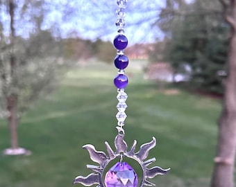 Rearview Mirror Amethyst Gemstone Sun,Car Charm,Window Sun Catcher,Car Mirror Crystal,Gemstone Hanging,Birthstone Gift,sunburst car charm