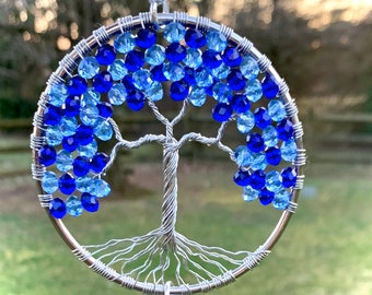 Crystal Tree Of Life Sun Catcher,Glass Bonsai Tree,Beaded Window Ornament,Rainbow Maker,Blue Crystal Twisted Wire Tree,Glass Ball Ornament