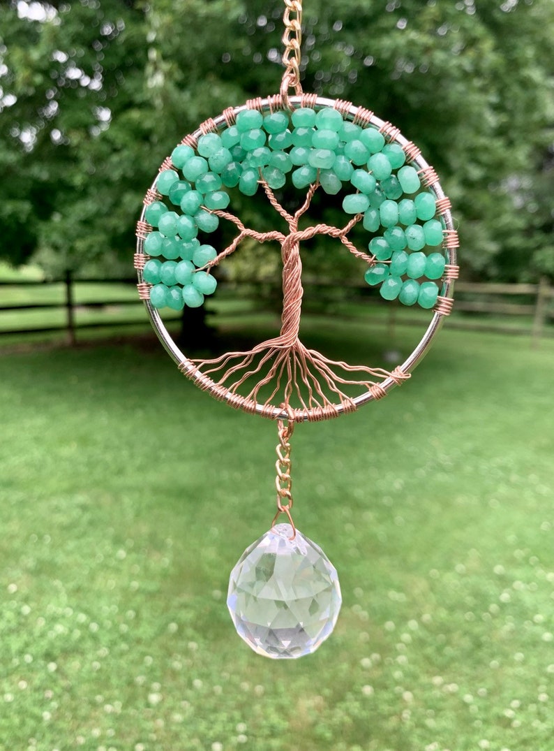 Gemstone Tree Of Life Suncatcher,Crystal Window Ornament,Green Aventurine Tree Sun Catcher,Gemstone Family Tree,Birthstone Spiritual Healing