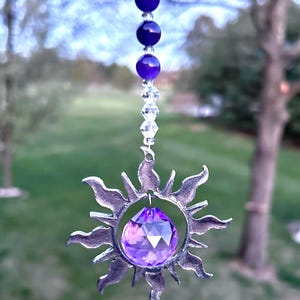Amethyst Gemstone Car Charm/Rear View Mirror Sun Crystal Ornament/Gemstone Sunburst Sun catcher/Car Accesory Decor/Driver Gift Women Teens