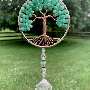 Gemstone Sun Catcher Window Ornament,Tree Of Life Sun Catcher,Gemstone Family Tree,Birthstone Spiritual Healing,Green Adventurine Suncatcher