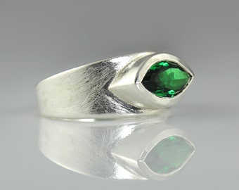 Emerald Marquise Ring, Silver Statement Ring, Emerald Ring For Women, Gift Ring, Unique Ring, Wide Emerald Ring, Silver Etruscan Ring