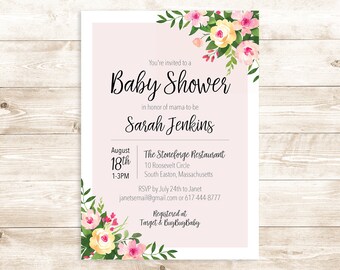 Baby Girl Shower Invitation, Floral Baby Shower Invite Girl, Flowers, Greenery and Pink and Yellow Flowers, Digital File, Customizable
