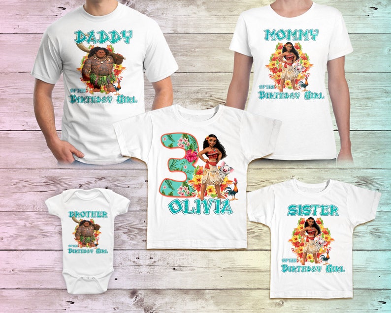 May include: Set of five white t-shirts featuring Moana and Maui characters from the Disney film Moana. The shirts have the text "Daddy", "Mommy", "Brother", "Sister", and "Olivia" with the number "3" on the girl's shirt. The shirts are perfect for a family celebrating a birthday.