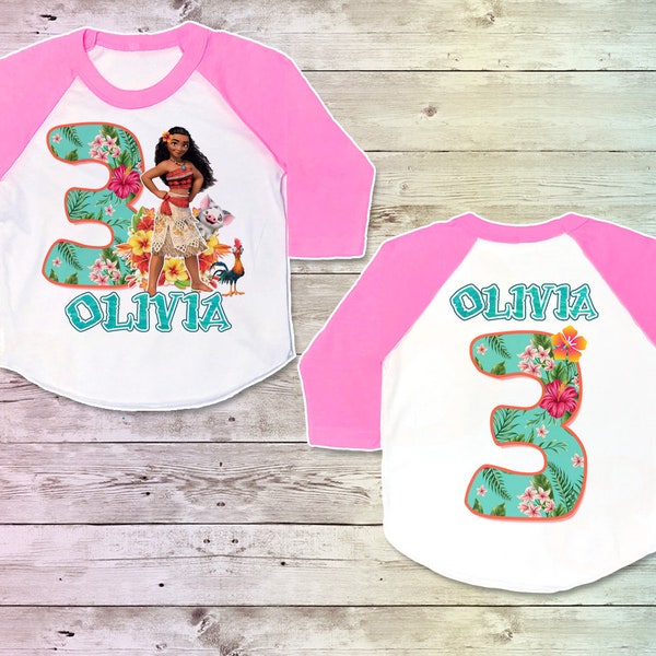 Moana Birthday Shirt, Moana Party Girl's Tshirt, Moana Outfit, Moana pink tee, raglan, Girls Moana Baseball, Hawaiian Birthday Girls Shirt