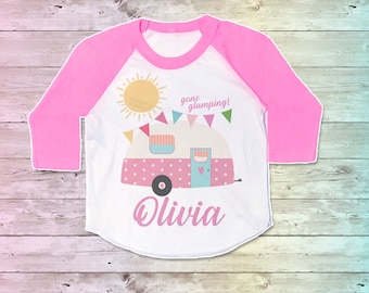 Glamping Shirt, Gone Glamping Tshirt, Glamper Kids Outfit Tee, Rv Trailer pink tee, raglan, Camping Baseball Shirt, Vintage Camper Cute tee