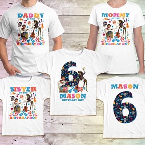 May include: A set of five white t-shirts with a "Coco" theme. The shirts feature the characters Miguel and Hector from the movie. The shirts say "Daddy of the Birthday Boy", "Mommy of the Birthday Boy", "Sister of the Birthday Boy", "Mason Birthday Boy" and "Mason 6".
