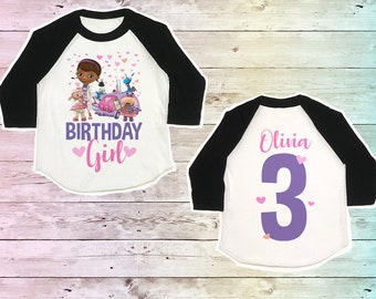 Doc Mcstuffins Birthday Shirt, Doc Mcstuffins Party Girls Tshirt, Doc Mcstuffins Outfit pink tee, Doc Mcstuffins raglan,  First Birthday,
