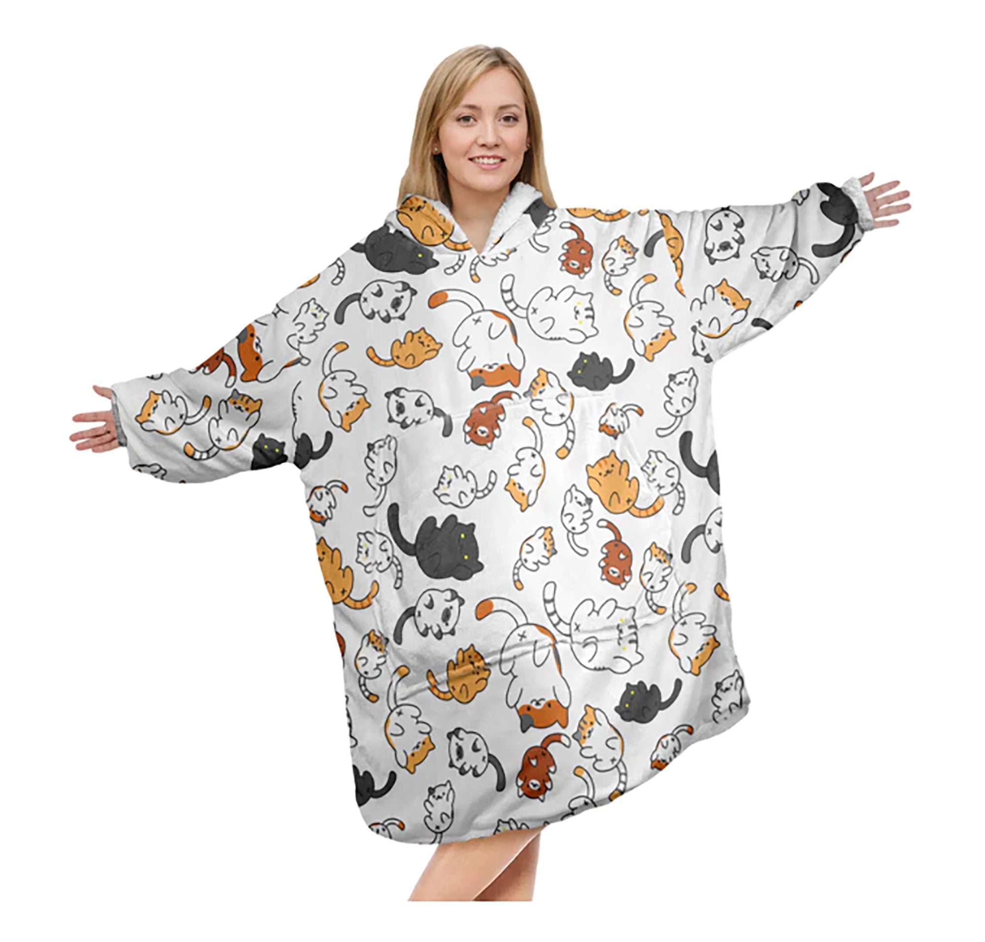 Cat Pattern Wearable Blanket Hoodie, Wearable Sherpa Fleece Hooded Blanket