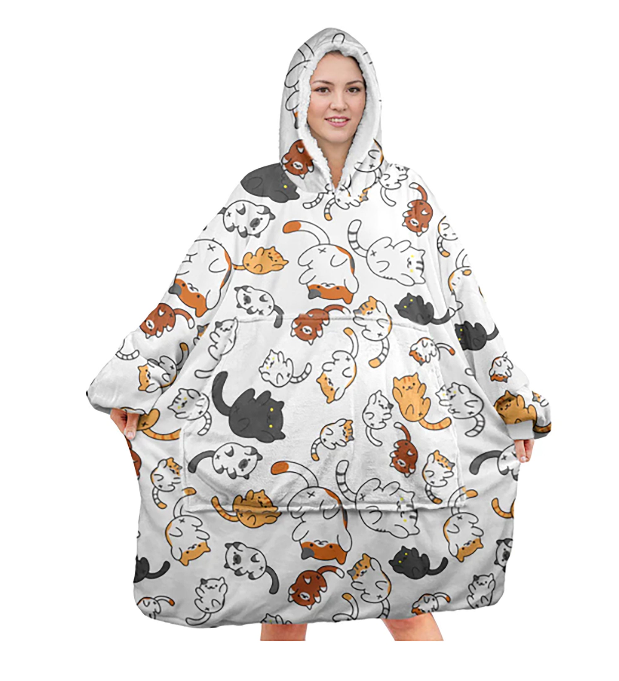 Cat Pattern Wearable Blanket Hoodie, Wearable Sherpa Fleece Hooded Blanket