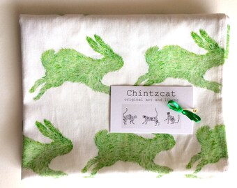 Cotton-linen tea towel, rabbit design, “Grasshopper”
