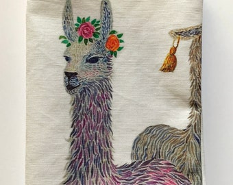 Picture tea towel, cotton linen blend, ‘Lavender, Lois and Lila’ design (llamas)